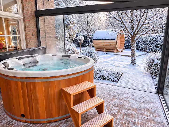 Glass veranda in winter with a view of the snowy garden and sauna