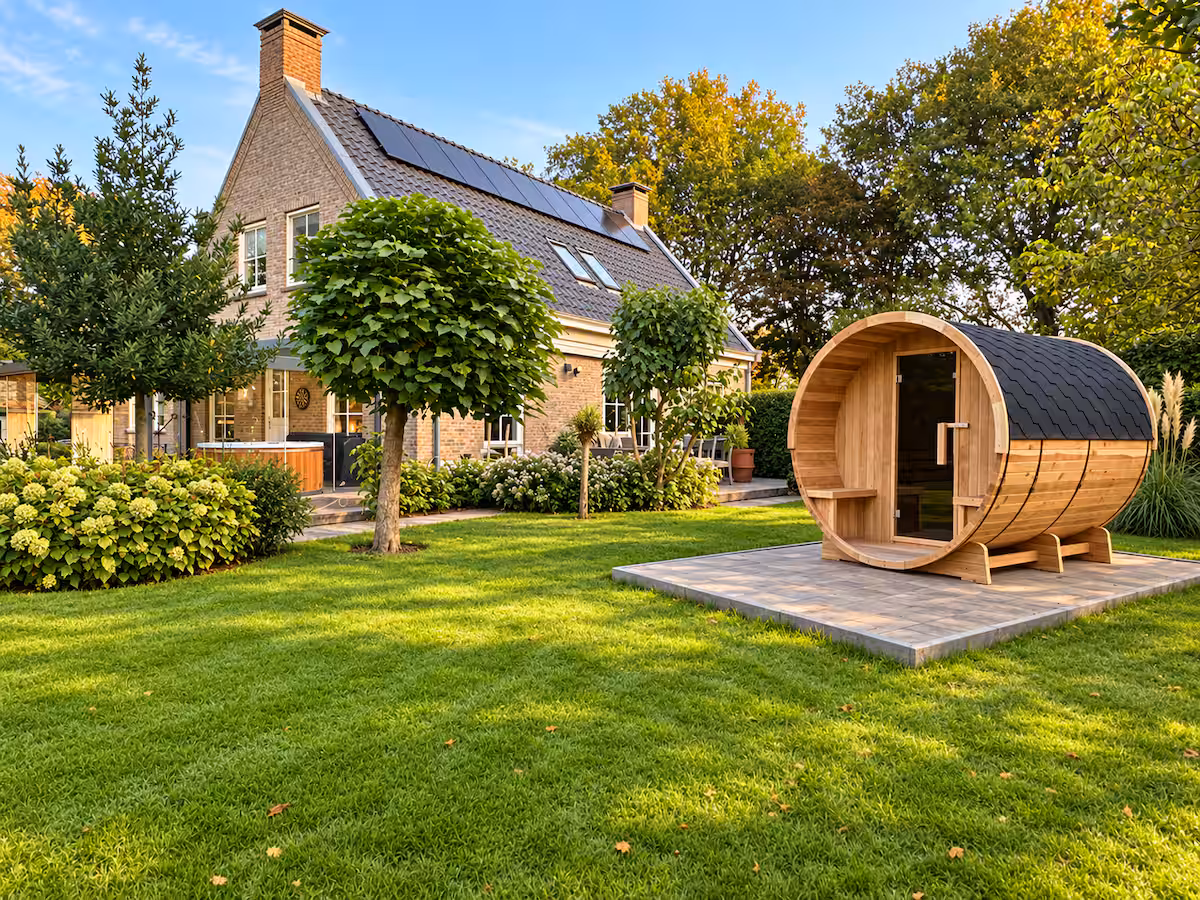 Private garden lawn with the barrel sauna in front of the villa in Aalsmeer