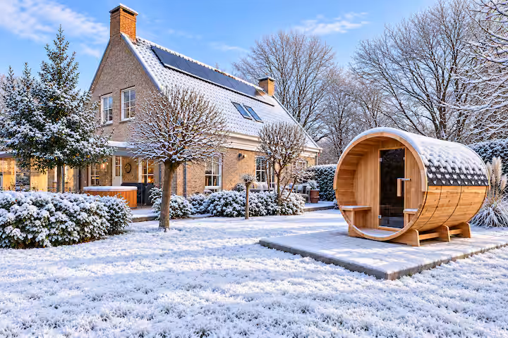 The villa garden and barrel sauna covered in snow